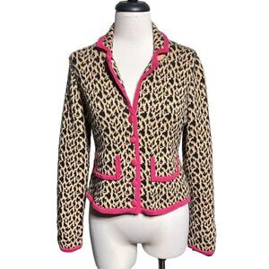 Woven Leopard Print Cardigan with Pink Trim